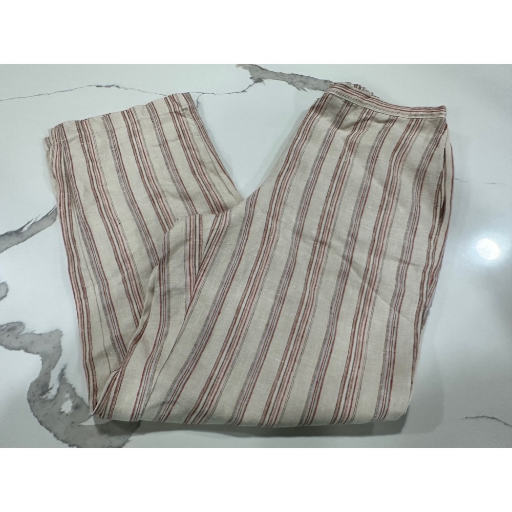 LL Bean Womens 12 Linen Striped Wide Leg Pull On Pants Beige Red Blue